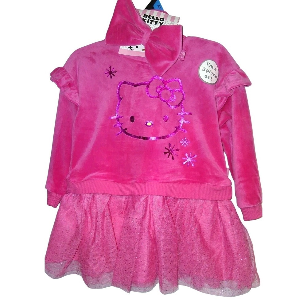 Hello Kitty Girls 3 Piece Set Pink Velour Tulle Dress Headband Tights‎ 24M New